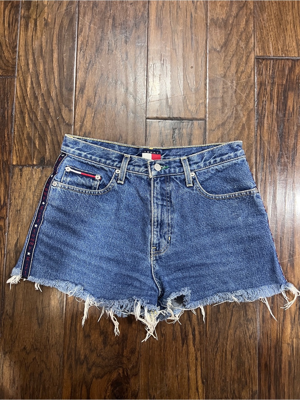 Vintage 90s Tommy Hilfiger Logo Tape Cutoff Shorts Fits 26 27